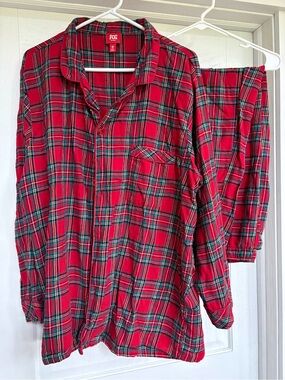 Macy's Red Plaid Flannel Pajama Top with Green Accents